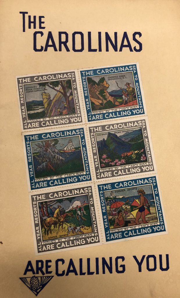 A pamphlet from the Carolina Motor club.  Is says "The Carolina are Calling you." It also has six nature scenes on the cover.