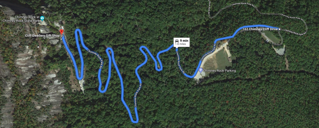 The third and final version of the race was 1.8 miles, beginning near a grassy field that would have been filled with race staffers, fans, and vendors. It ended at the top of Chimney Rock Park Road, near the present-day Cliff Dwellers Gift Shop. While it may take 9 minutes for a family car to reach the top, racers did it in under two.